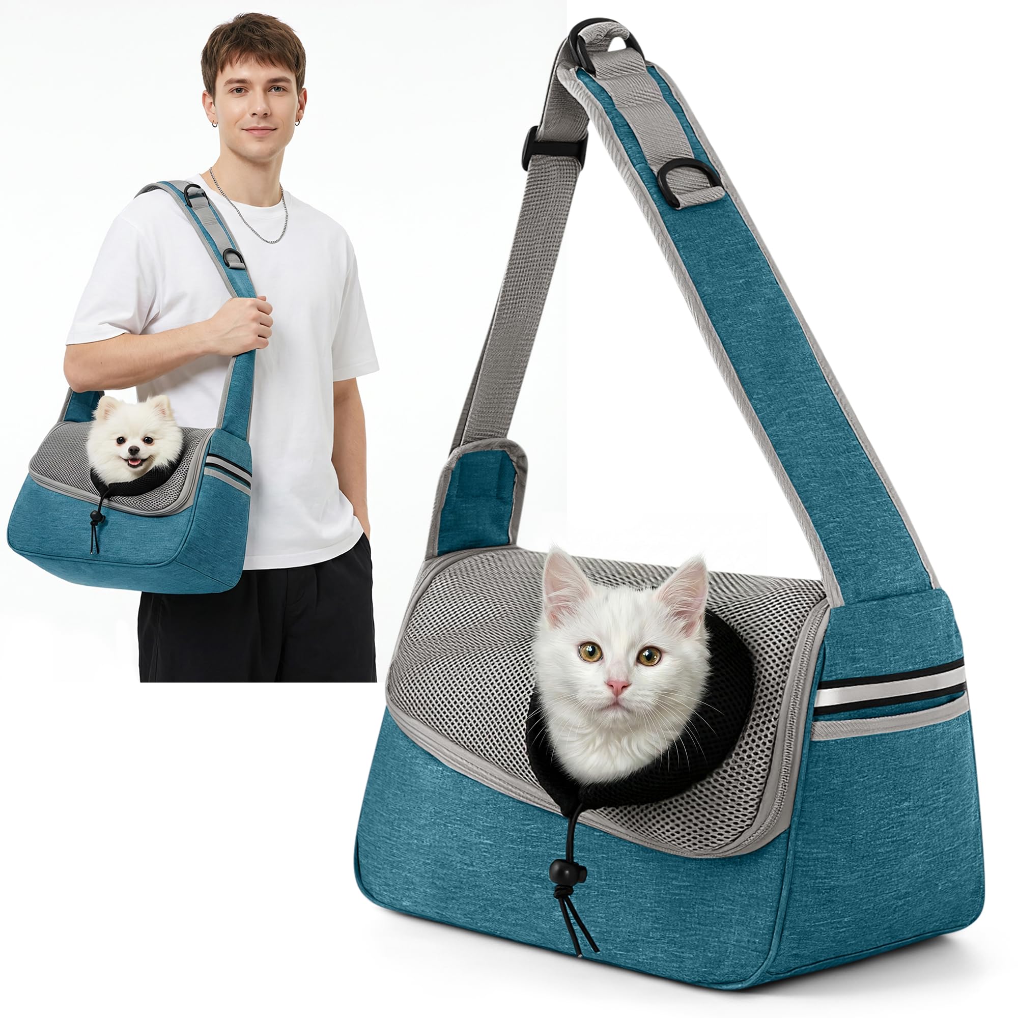 ALLSOPETS Dog Sling Carrier for Small Dogs Cats – Breathable Puppy Sling, Adjustable Shoulder Strap with Side Pocket, Travel Cat Carrier for Outdoor Camping (Sky Blue)