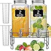 FillTouch 2 Pack 2 Gallon Glass Drink Dispenser Glass Beverage Dispenser with Stand Spigot and Filter Leakproof Water Jar Clear Iced Drink Jug for Parties Juice Lemonade Picnics Fridge