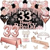 33rd Birthday Decorations for Women, 49pcs Black Rose Gold Black Happy 33rd Birthday Banner, Tablecloth, Butterfly Decor, Sash and Tiara, Cake Topper, Candles, Balloons Arch