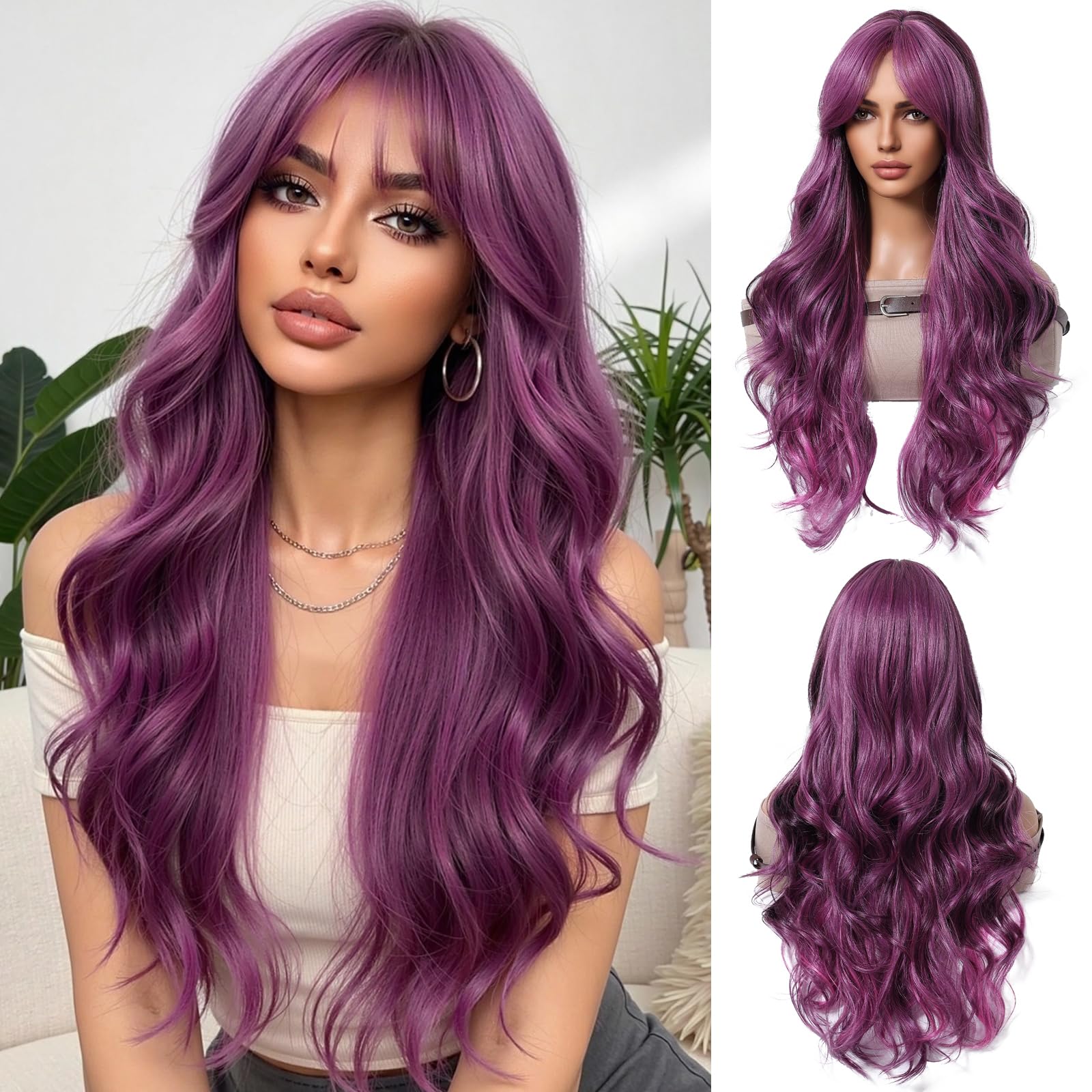 OUFEI Long Purple Wig With Bangs Natural Wavy Wigs for Women Natural Synthetic Hair Heat Resistant Wigs for Daily Party Cosplay Wear