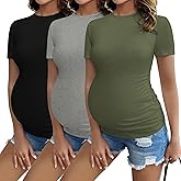 Ekouaer Maternity Shirts Womens 3 Packs Short Sleeve Ribbed Pregnancy Tops Side Ruched Crew Neck Tunic Mama Clothes S-XXL