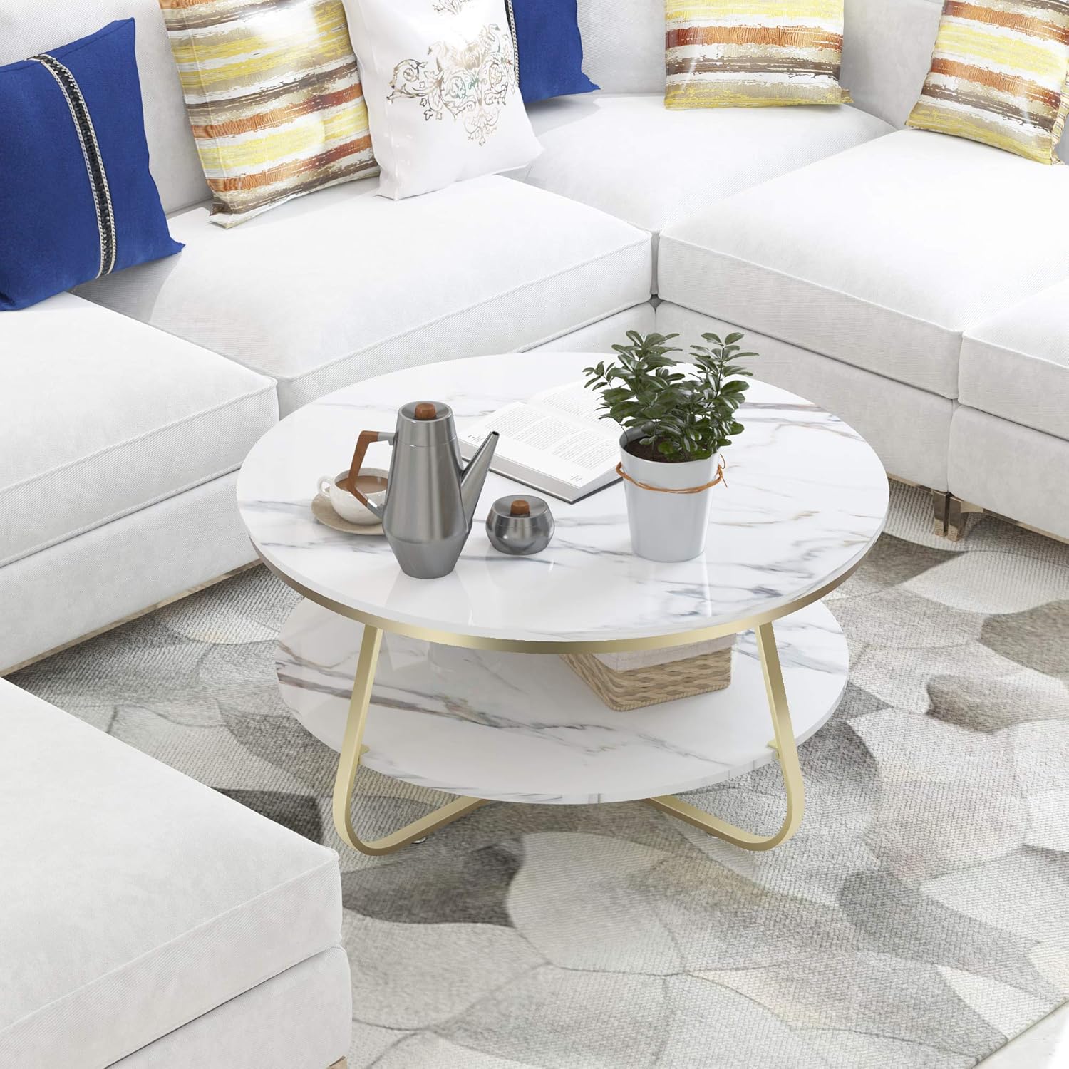 Elephance Round Coffee Table with Storage, 35.8 Inch Rustic Wood Coffee Table with Strong Metal Frame for Living Room, Dining Room, Cocktail Table, Round Sofa Table (White): Kitchen & Dining
