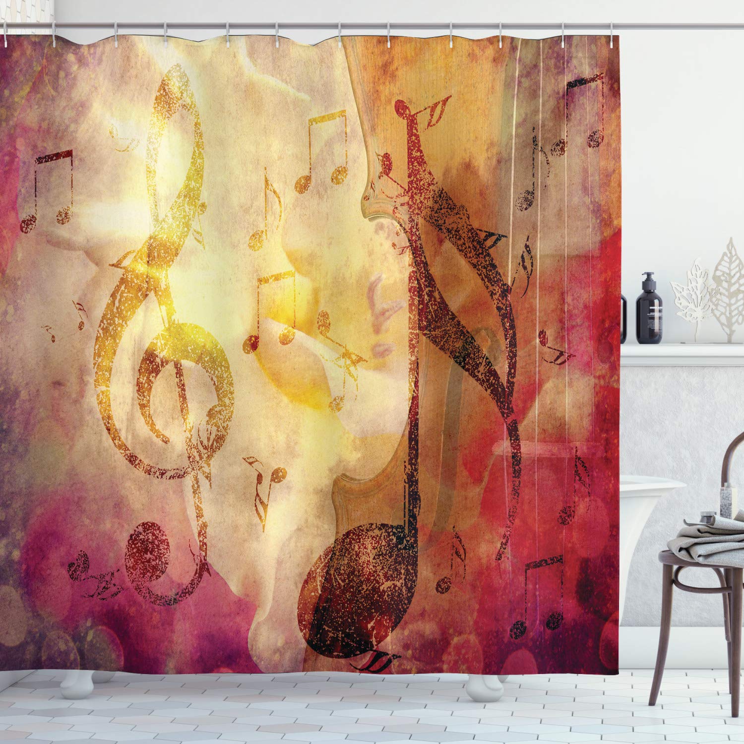 ABAKUHAUS Music Shower Curtain, Composition with Musical Themes Notes and Clef Design Colorful Grunge Illustration, Cloth Fabric Bathroom Decor Set with Hooks, 175 x 220 cm, Yellow Pink — image 1