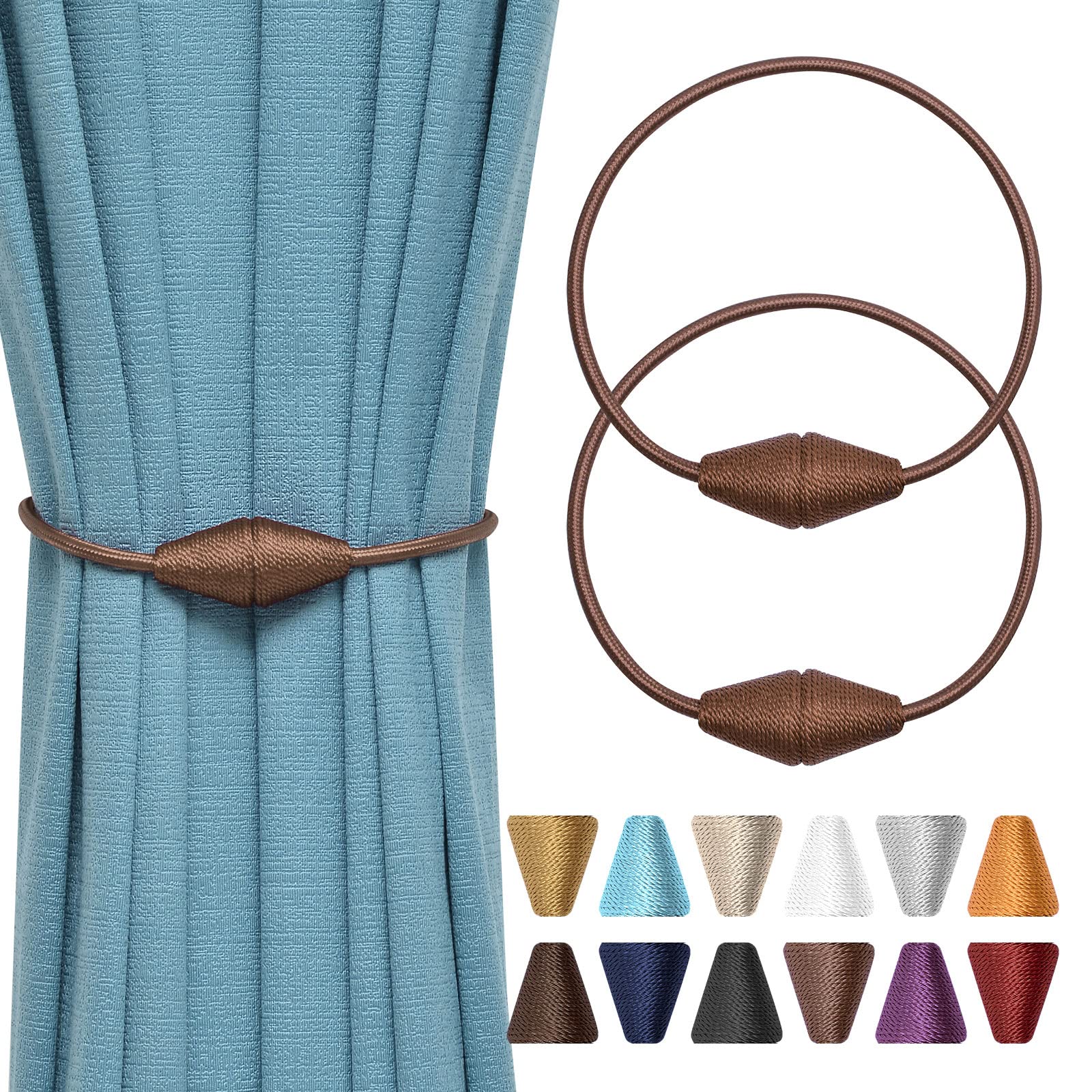 Pretty Jolly 2 Pack Upgrade Magnetic Curtain Tiebacks Handmade Weave Rope Curtain Holdbacks Convenient Decorative Cone Curtain Drape Tie Backs for Home & Office Window Drapery (Light coffee) — image 1