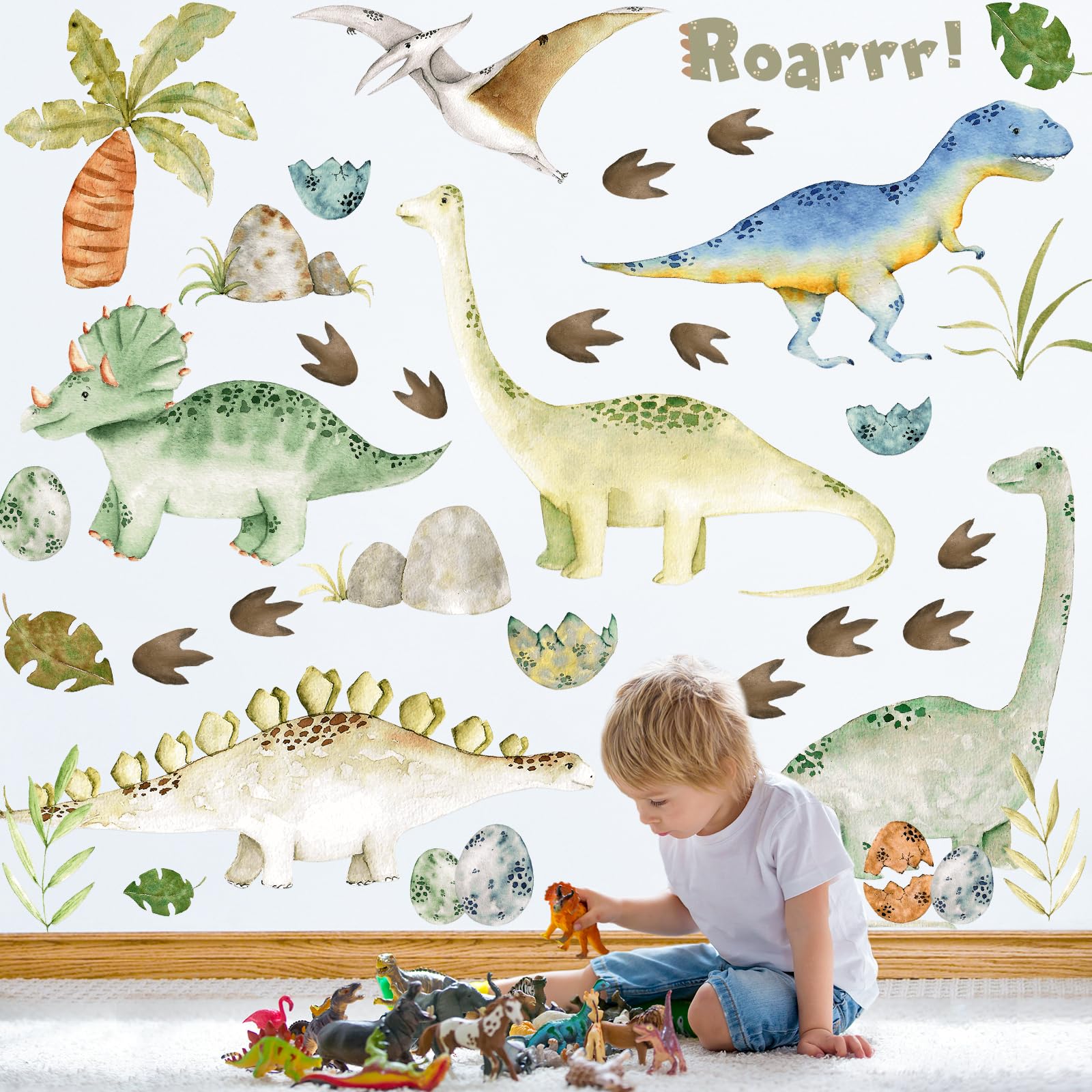 Watercolor Dinosaur Wall Stickers, Large Peel and Stick Dino Wall Decal Vinyl Tropical Forest Dinosaur Clings for Baby Boy Girl Nursery Kids Bedroom Living Room Playroom Classroom Home Decor
