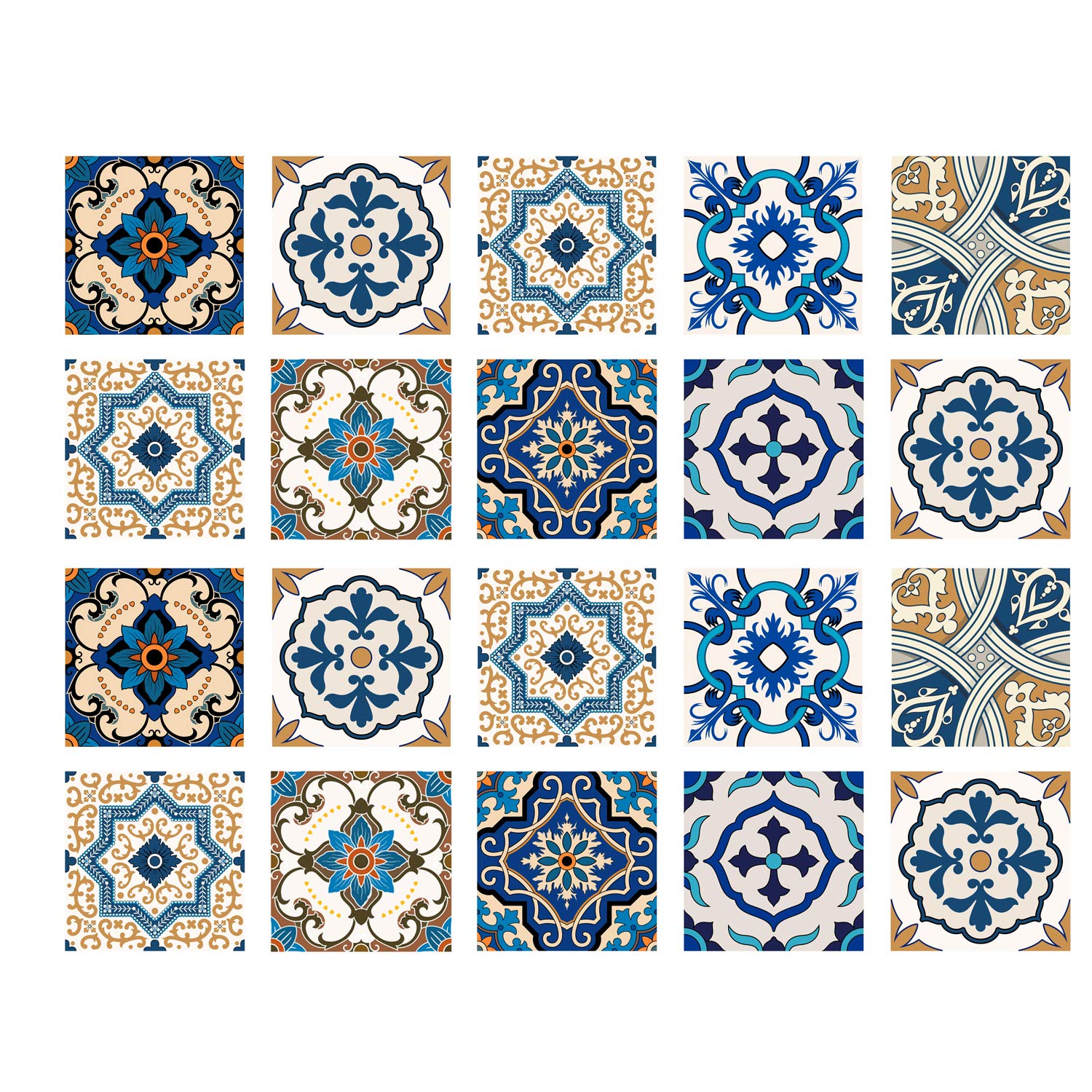 Poromoro Spanish Portuguese Azulejo Style Backsplash Peel and Stick Tile Stickers Set of 20 pcs(7.9_ZE)
