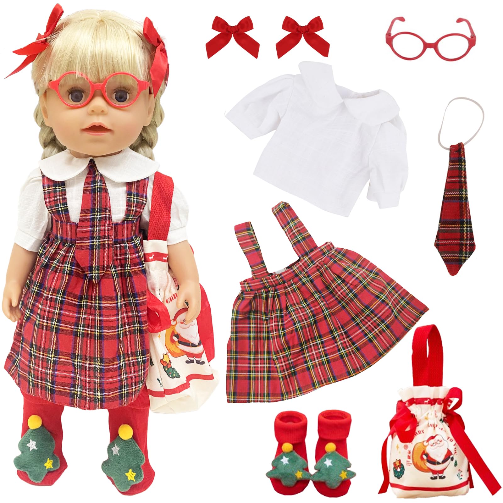 Baby Doll Clothes for 14-18 Inch Doll 35-45cm Baby Doll, 9Pcs Baby Doll Outfits with Red Plaid Overall Dress, Tie, Hair Clip, Glasses, Christmas Stocking, Bag, Winter Holiday
