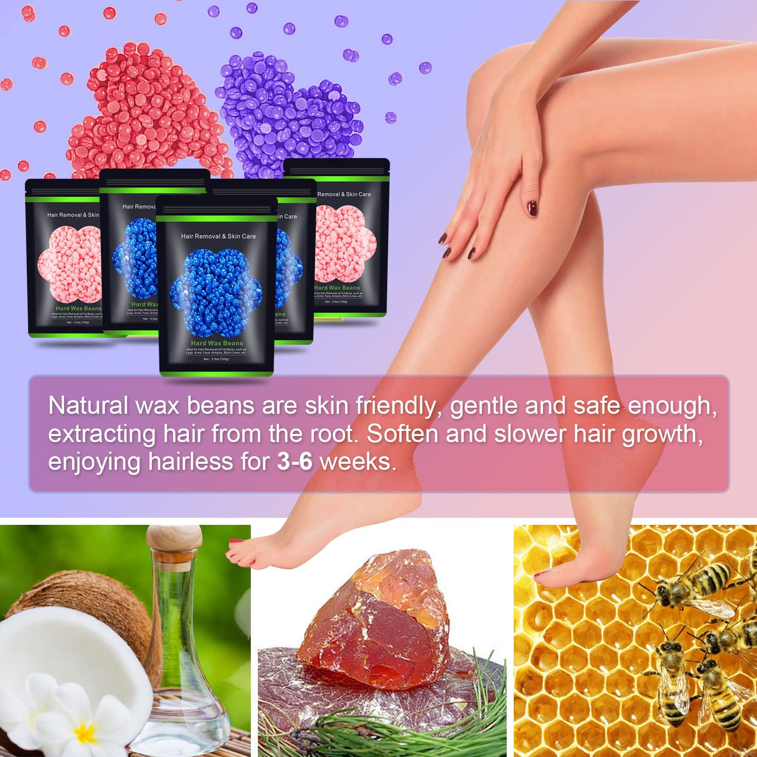 Wax Beads for Hair Removal 1.1 lb (17.6 oz), Hard Wax Waxing Beads Kit for Sensitive Skin Brazilian, Face, Bikini, Eyebrow, Legs, Painless for Women Men, 5 packs with 10 Sticks