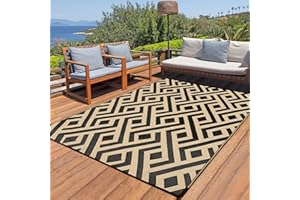 Terrug Outdoor Rug Waterproof 5x8 Ft, Foldable Outdoor Plastic Straw Rug, UV Reversible Patio Rug Decor, Outdoor Area Rug for Camping, RV, Porch, Deck, Backyard, Balcony, Picnic, Black & Beige