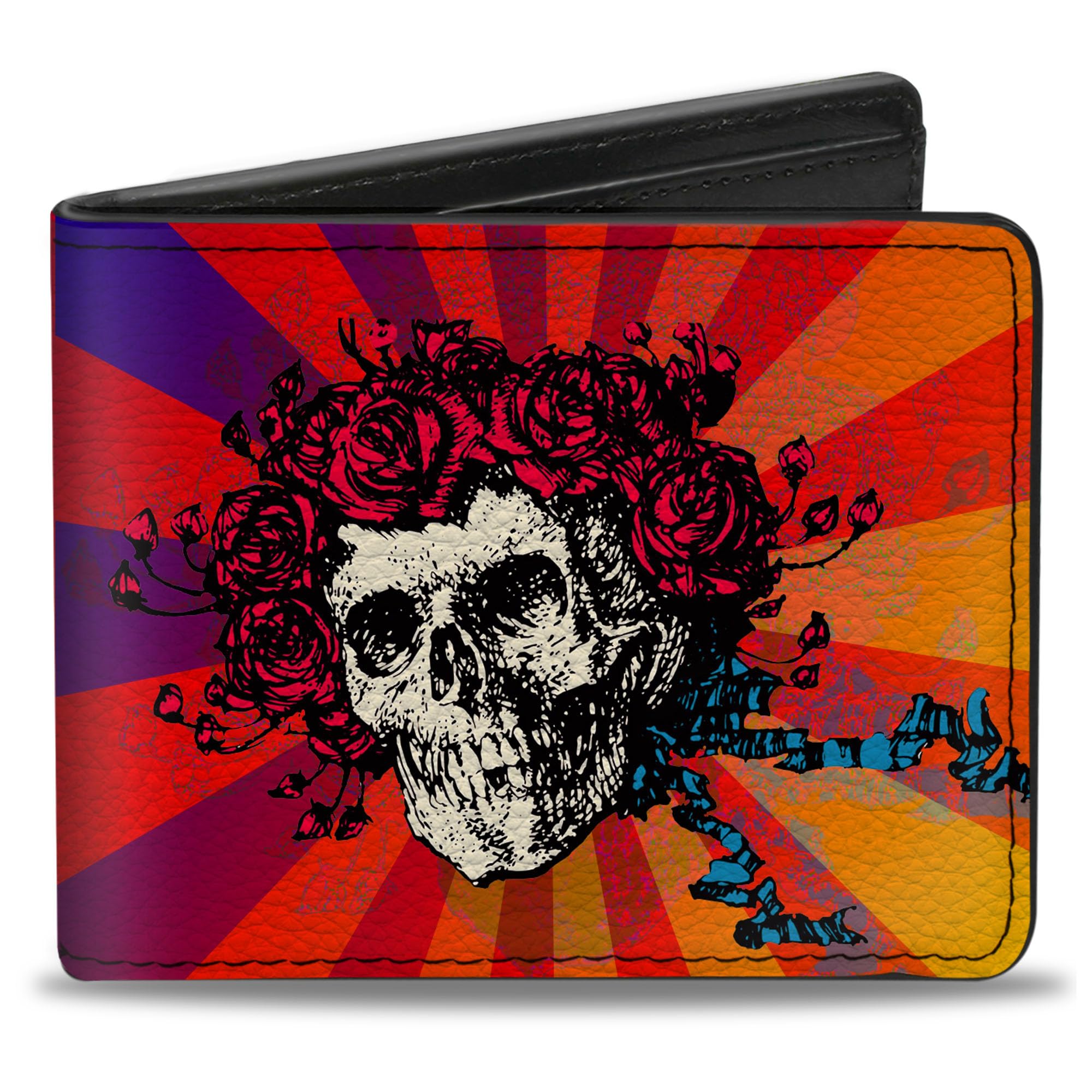 Buckle-Down Men's Skull & Roses/Rays Ombre Orange/Reds/Blues Bi-Fold Wallet, Multicolor, Default Size