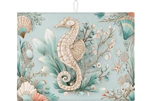 Seahorses Dish Drying Mats for Kitchen Counter, Aqua Floral Absorbent Dish Drainer Rack Mat, Summer Coastal Microfiber Drying
