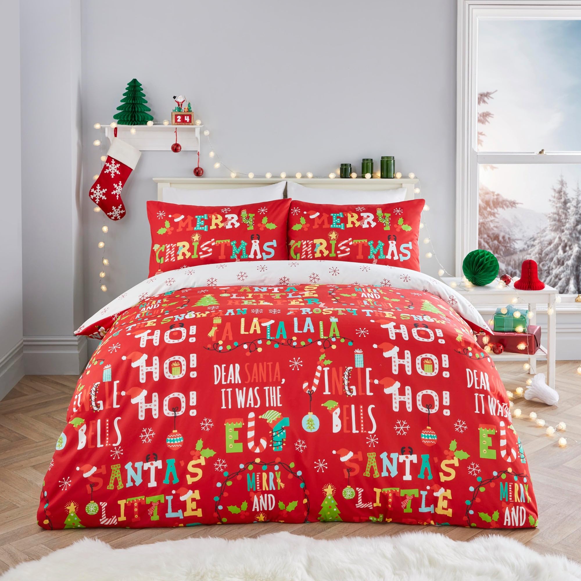 Fusion - Christmas Phrases Duvet Cover - King Bedding Size (230 x 220cm) - Reversible (2 Designs) - 2x Pillowcases Included - Snowflakes Duvet Cover - Christmas Bedding in Red & White - Xmas Decor — image 1