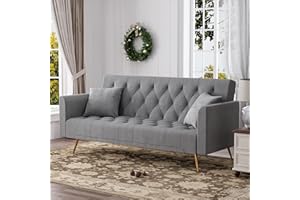 OUYESSIR Velvet Futon Sofa Bed with 2 Pillows, Convertible Futon Small Couch, 71 inch Sleeper Sofa for Bedroom Living Room, Grey