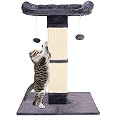 Runske 34" Cat Scratching Post for Indoor Cats, Sisal Cat Scratcher with Large Plush Perch, Vertical Posts with Elevated Bed and with Two Dangling Balls, Removable &amp; Washable Cover, Dark Grey