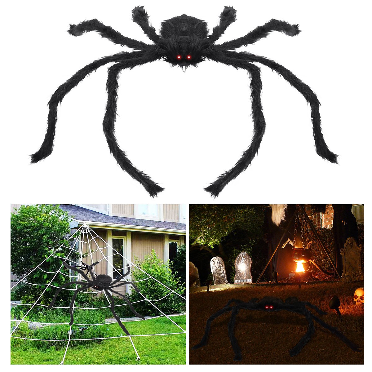 Halloween Hairy Spider 1 Metre Long Giant Spider with LED Glow Eyes Scary Plush Spider for Halloween Decoration (Black)