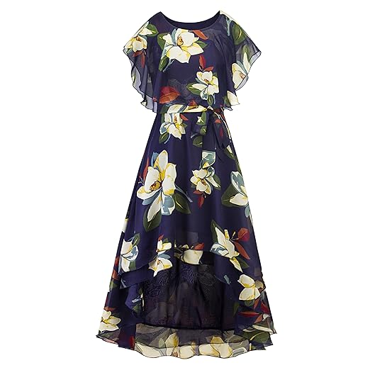 Babyonlinedress Sommerkleider Damen Ruffle Floral Printed Summer Chiffonkleid Strandkleid lang Abendkleider Gr.S-2XL