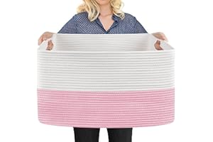 MEGASKET XXXL Pink Storage Basket, 23.6" x 15.7" x 14.1" Rectangle Cotton Rope Basket, Extra Large Blanket Basket, Kids Toy Basket Bins, Wicker Woven Basket, Decorative Basket Gift for Nursery Storage