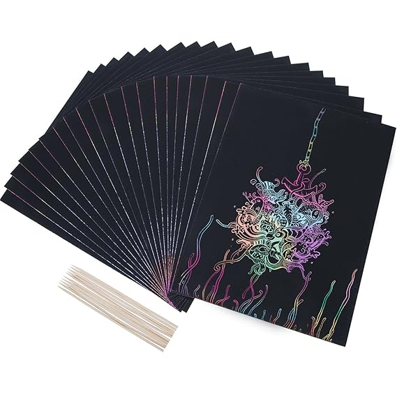 20 Blätter Scratch Art Kratzbilder Malerei Papiere mit 10 Stück Holz Stylus Sticks, 8,25 Zoll x 11 Zoll, Schwarz