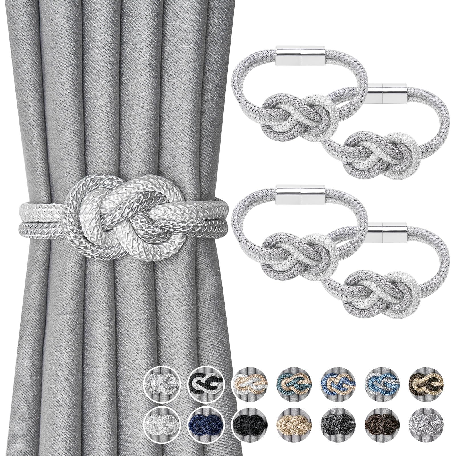 Pretty Jolly 4 Pack Mini Magnetic Curtain Tiebacks Nordic Simple Style Drape Tie Backs Elegant Hand Weave Rope Knot Decorative Curtain Holdbacks for Home & Office Window Drapery (Grey & White)