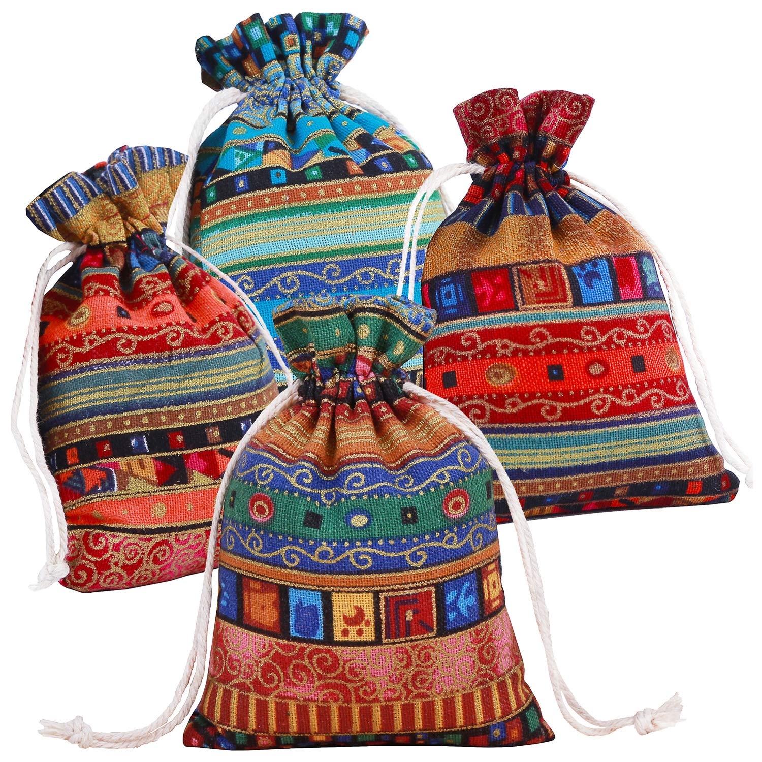 [12 Pack] Ethnic Style Drawstring Gift Bag Cotton Reusable Grocery Bags 13x18cm - Pinowu Jewelry Coin Pouches Biodegradable Eco-Friendly Sachet Bags for Candy Wedding Party Valentine Favors