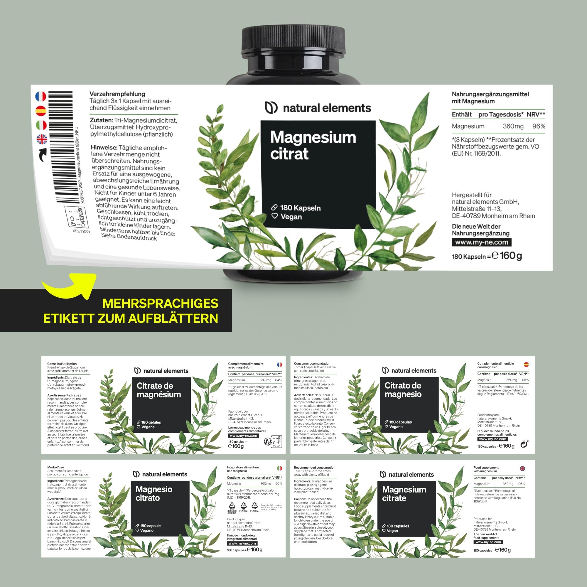 natural elements Magnesiumcitrat – 360mg elementares Magnesium pro Tagesdosis – 180 vegane Kapseln – 2-Monats-Vorrat – hochdosiert, ohne Zusätze – in Deutschland entwickelt & laborgeprüft 6