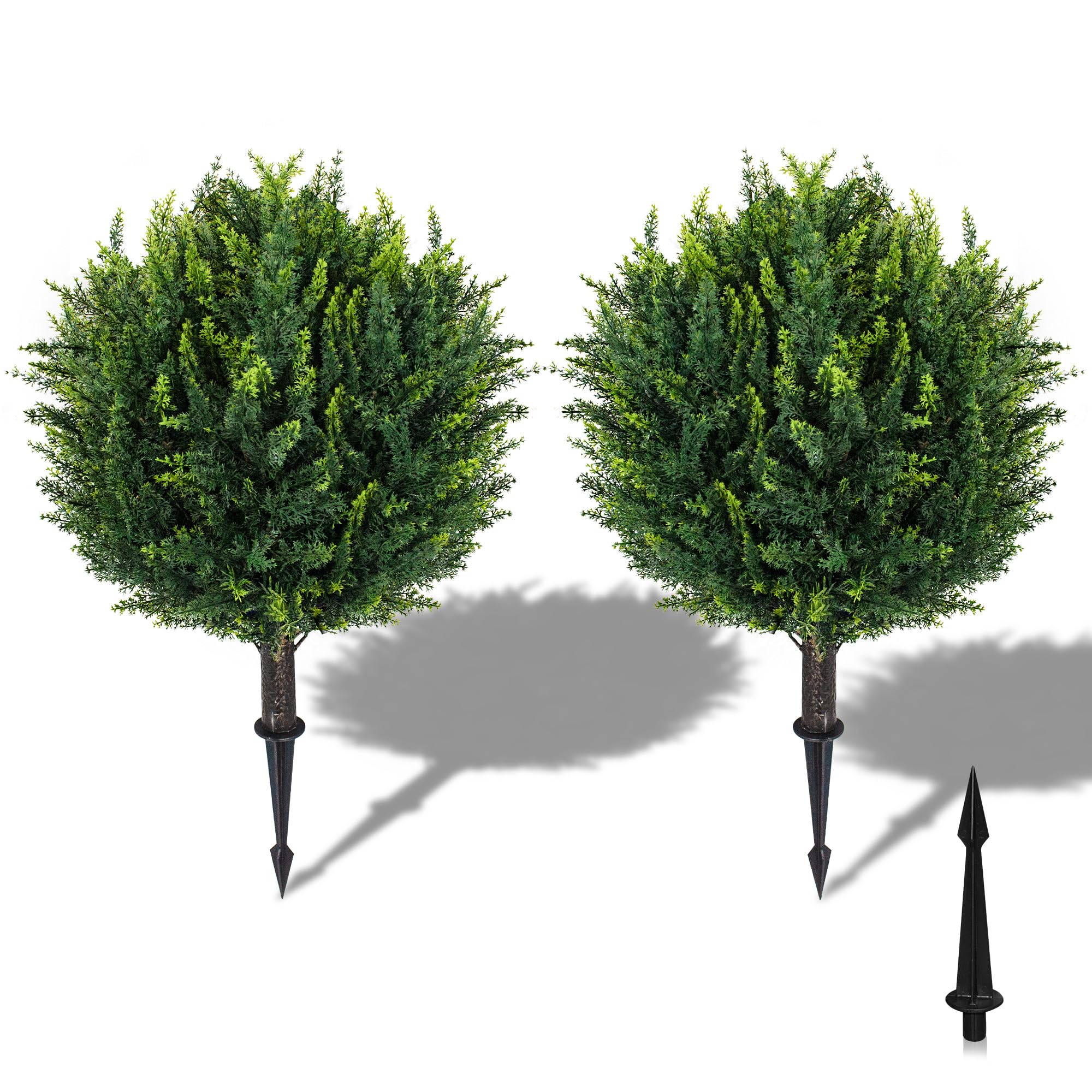 Photo 1 of 25.2" Artificial Cedar Topiary Outdoor Faux Plants with Ground Spikes, 2 Pack UV Resistant Evergreen Fake Plant, Realistic Artificial Cedar Ball Greenery, Fake Bushes for Front Porch Décor