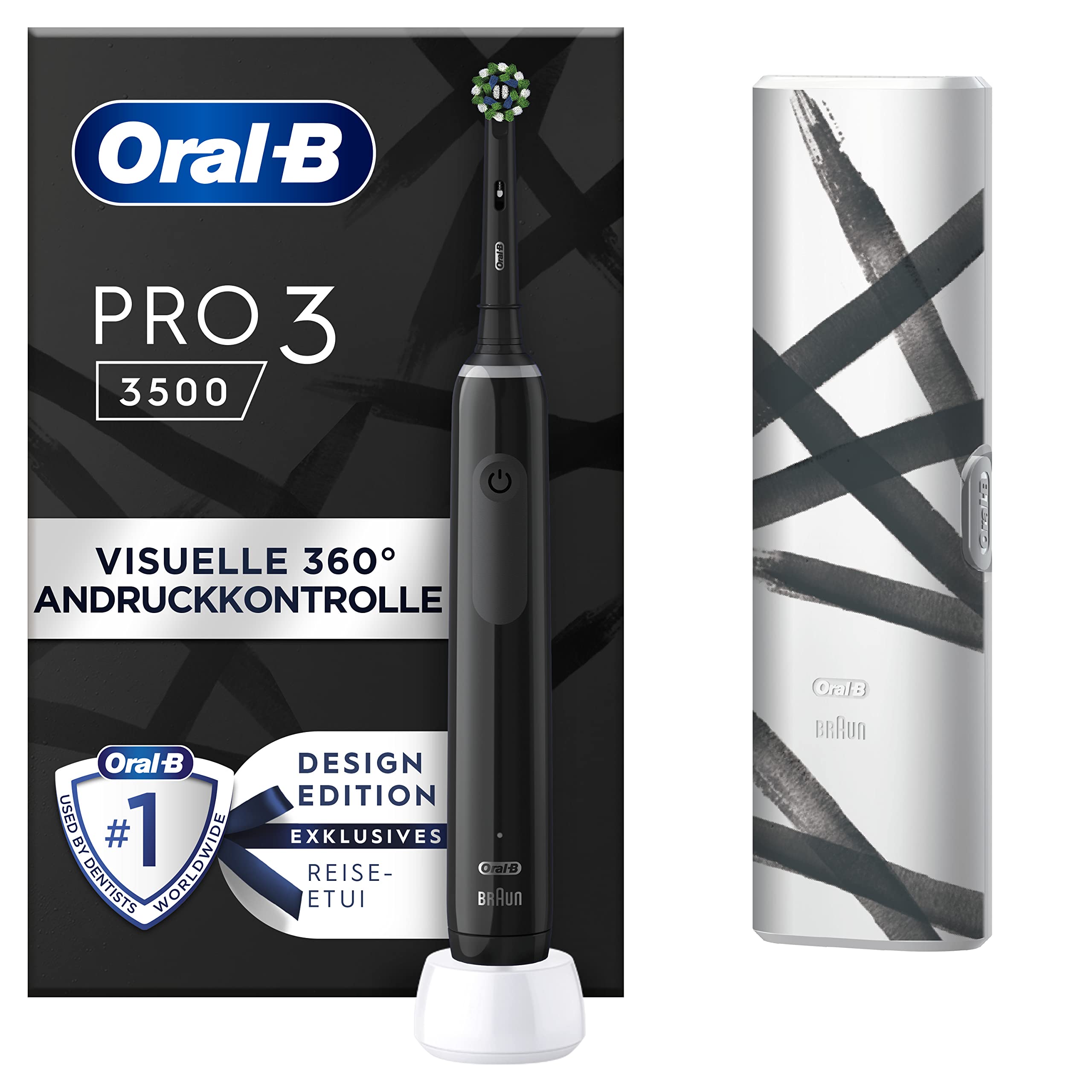 Oral-B Pro Series 3 3500 Elektrische Zahnbürste oder Electric Toothbrush, mit 3 Putzmodi und visueller 360° Andruckkontrolle für Zahnpflege, Reiseetui, Special Edition, Designed by Braun, Schwarz