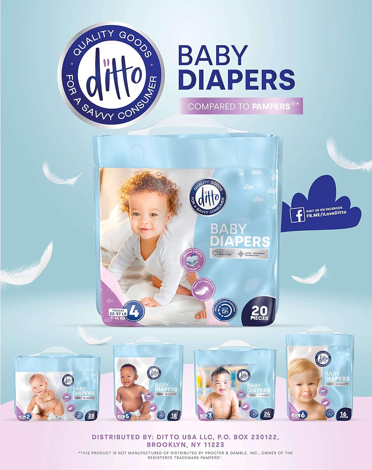 Ditto Baby Diapers Size 2 (224 Count) – Breathable Disposable Diapers – 12-Hour Leak Protection & Wetness Indicator – Overnight Diapers for Sensitive Skin – No Fragrance, Chlorine, Parabens or Latex: Health & Personal Care