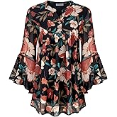 MOQIVGI Womens Trendy Dressy Casual Bell Sleeve V Neck Pleated Flowy Chiffon Blouse Tops