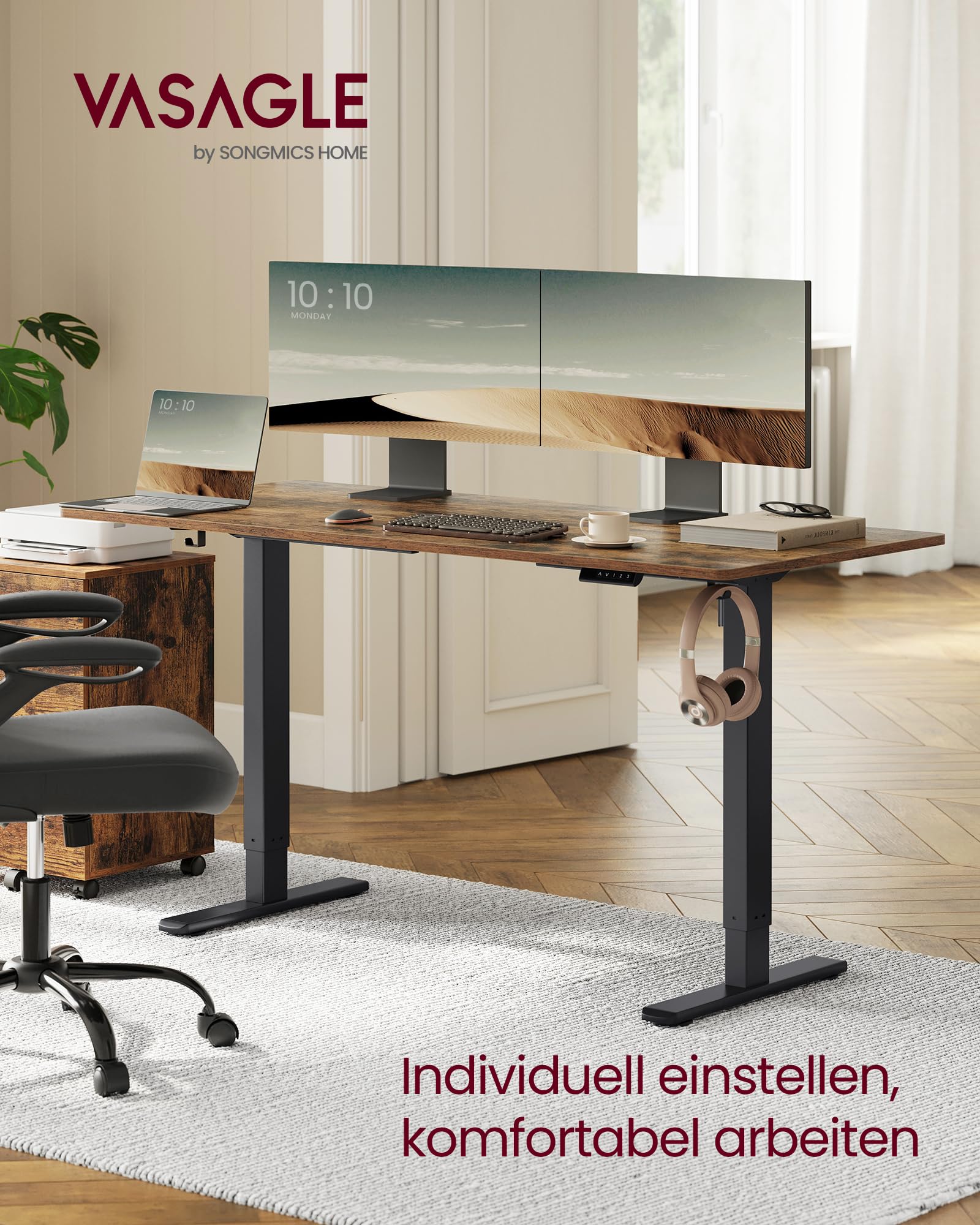 VASAGLE Höhenverstellbarer Schreibtisch elektrisch, Tischgestell, Schreibtischständer, ohne Tischplatte, mit 2 Haken, Memory-Funktion mit 3 Höhen, Stahl, tintenschwarz LSD021B01V2 2