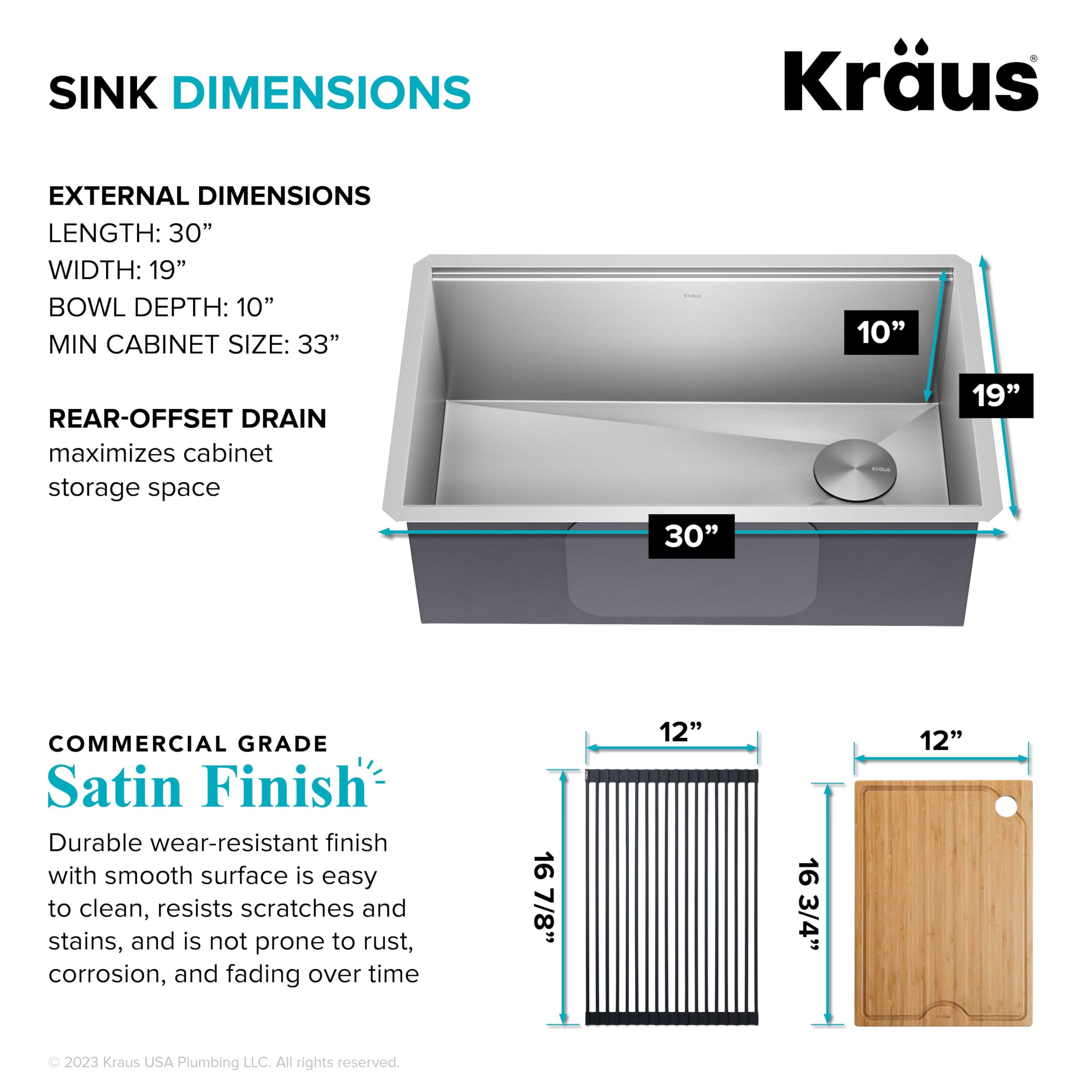KRAUS Kore Workstation 30-inch Undermount 16 Gauge Stainless Steel Kitchen Sink, Single Bowl Kitchen Sink with Accessories, KWU110-30