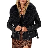 Bellivera Women's Faux Leather Jacket Moto Biker Sherpa-Lined Coat with Removable Fur Collar