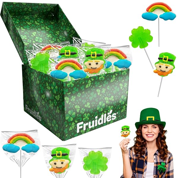 FRUIDLES ST. PATRICK’S DAY LOLLIPOPS, 24-PACK LEPRECHAUN, GREEN SHAMROCK, AND RAINBOW LOLLIPOP SUCKERS, PARTY FAVOR BOX, INDIVIDUALLY WRAPPED (24-PACK)