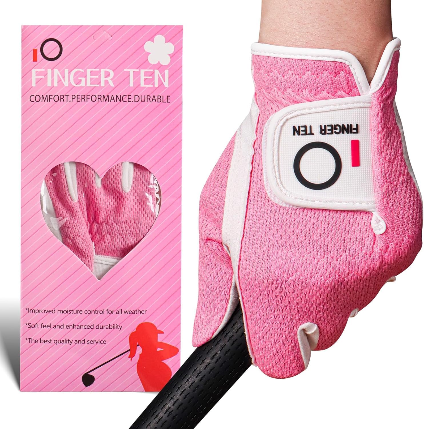 FINGER TEN Golf Gloves Women Left Hand Right Microfiber All Weather Grip Rain Hot Wet Value Pack, Ladies Golf Gloves Soft Flexible Durable Wear Resistance Good Grip (Rose, M, Left)