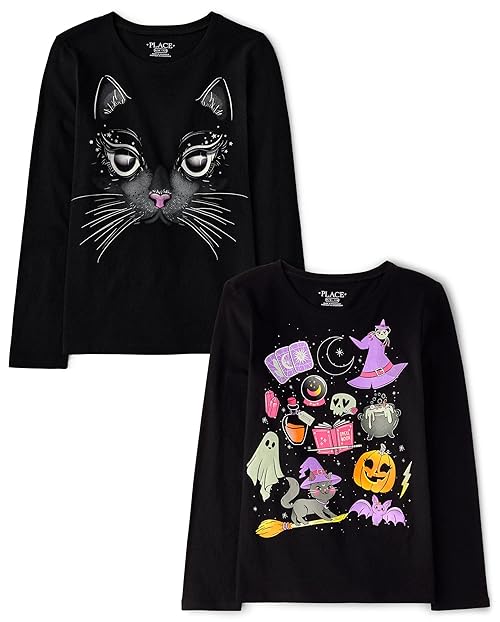 The Children's Place,Girls,All Holidays Long Sleeve Graphic T-Shirts,Multipacks,Black Cat/Halloween Doodle Print 2-Pack,Small