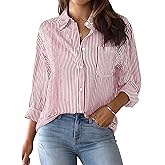 AISEW Womens Button Down Shirts Striped Classic Long Sleeve Collared Office Work Blouses Tops with Pocket