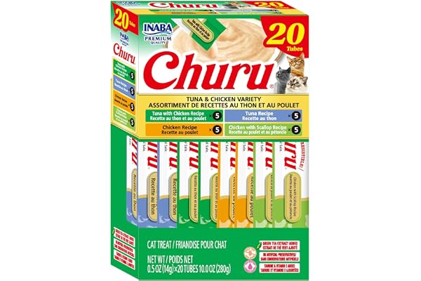 INABA Churu Cat Treats, Lickable, Squeezable Creamy Purée Cat Treat with Green Tea Extract & Taurine, 14g Each Tube, 20 Tubes