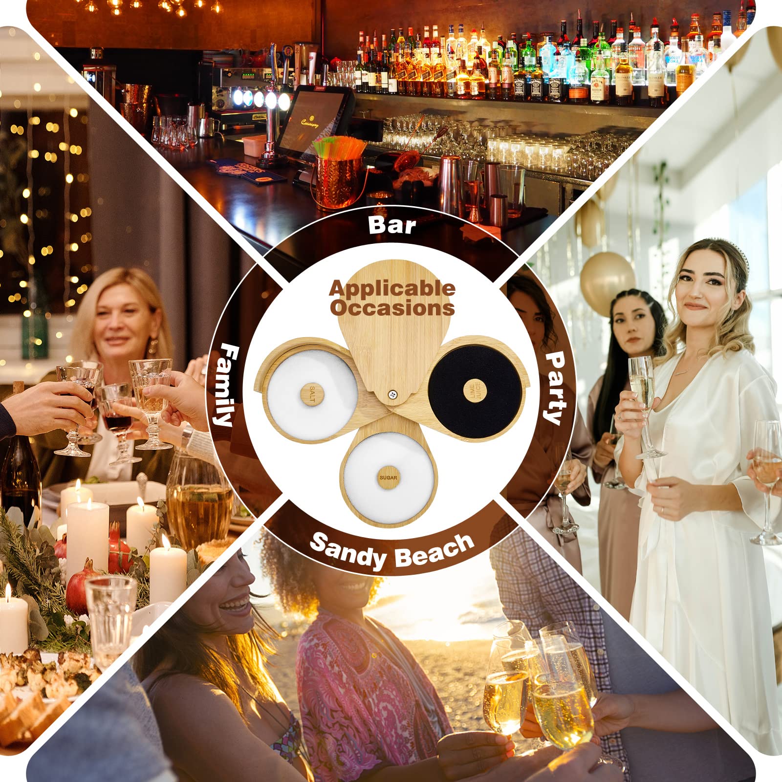 Margarita Salt Rimmer Set,1 Pack 3 Tier Bar Glass Rimmer Bamboo Wood Sugar Salt Box with Sponge,Bartender Tool for Cocktail and Margarita