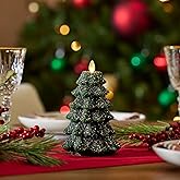 Luminara Christmas Tree Flameless LED Candle, Dark Green 4.7" x 6.5", Moving Flame Battery Operated Timer, Holiday Decor, Glitter Snow Finish Safe