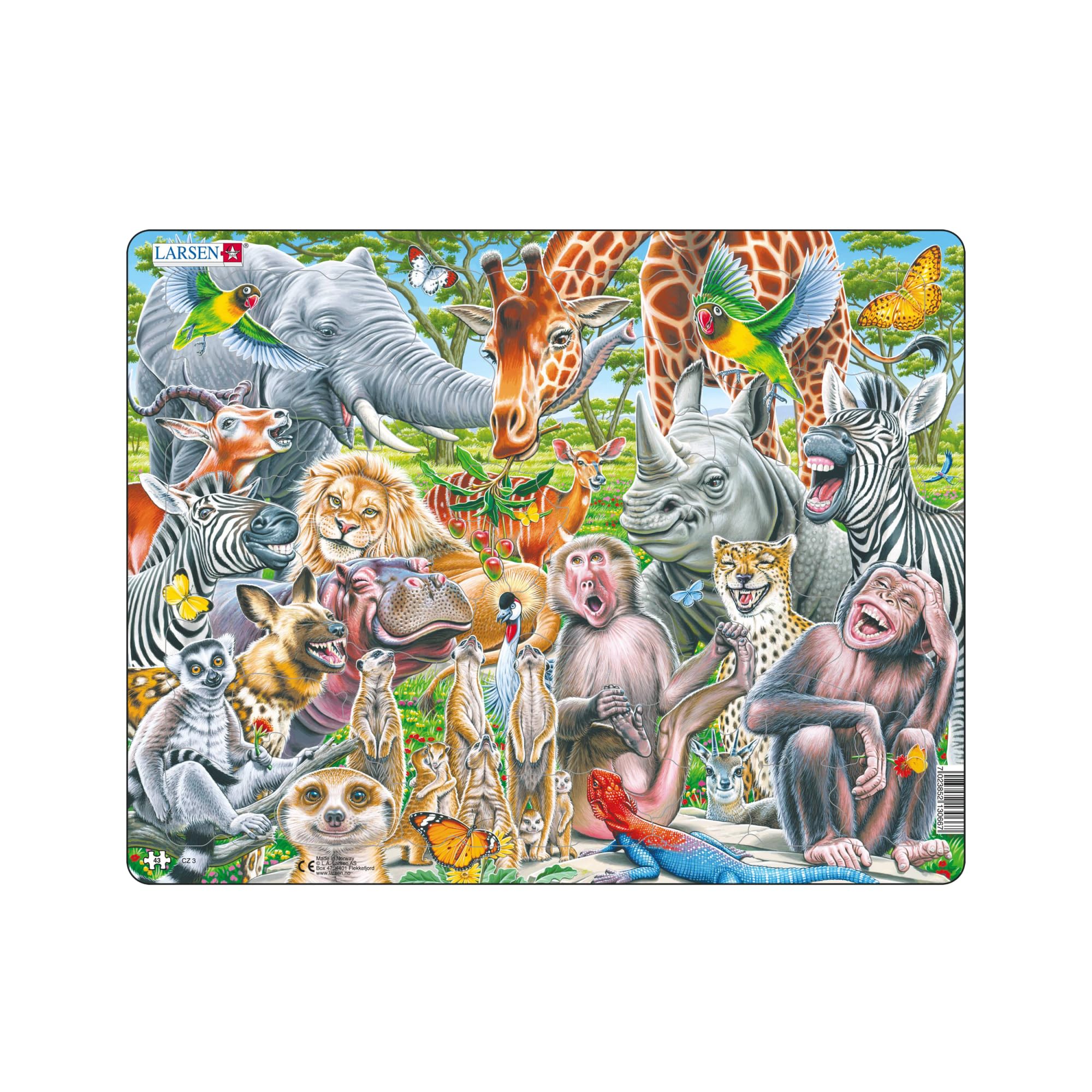 Larsen CZ3 African Animals Puzzle for Kids – Educational Wildlife Jigsaw (43 Pieces) – Memory Quiz, Fun Animal-Shaped Pieces, Tray & Frame, Ages 4+