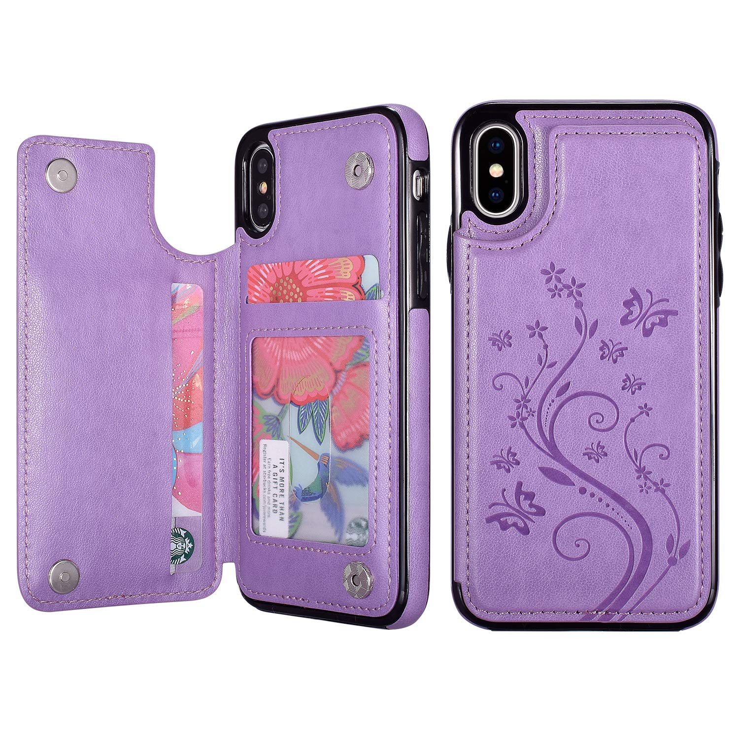 UEEBAI Case for iPhone X XS,Luxury PU Leather Case [Two Magnetic Clasp] [Card Slots] Stand Function Butterfly Flower Pattern Durable Shockproof Soft TPU Back Wallet Cover for iPhone X/XS - Purple — image 1