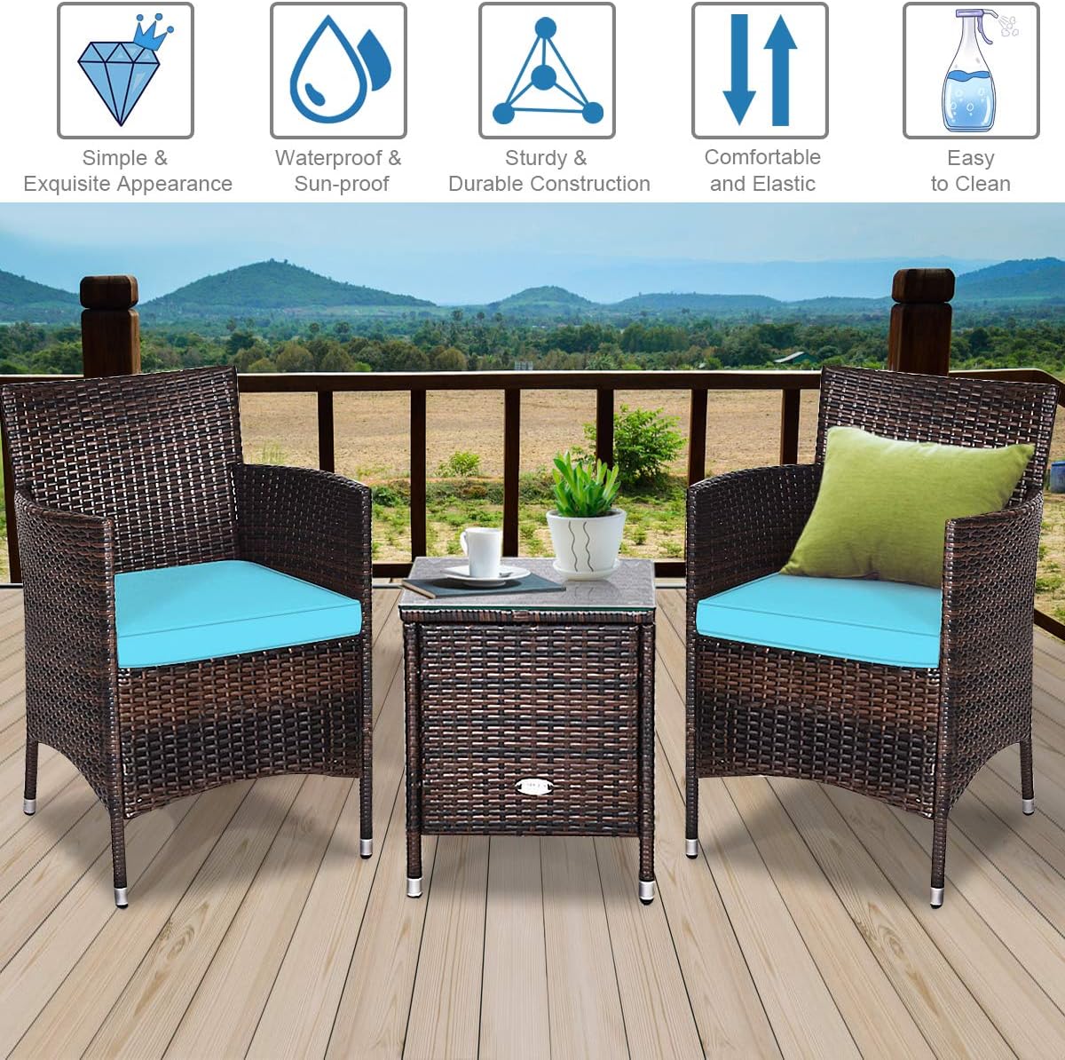 Tangkula Patio Furniture Set 3 Piece, Outdoor Wicker Rattan Conversation Set with Coffee Table, Chairs & Thick Cushions, Suitable for Patio Garden Lawn Backyard Pool: Garden & Outdoor