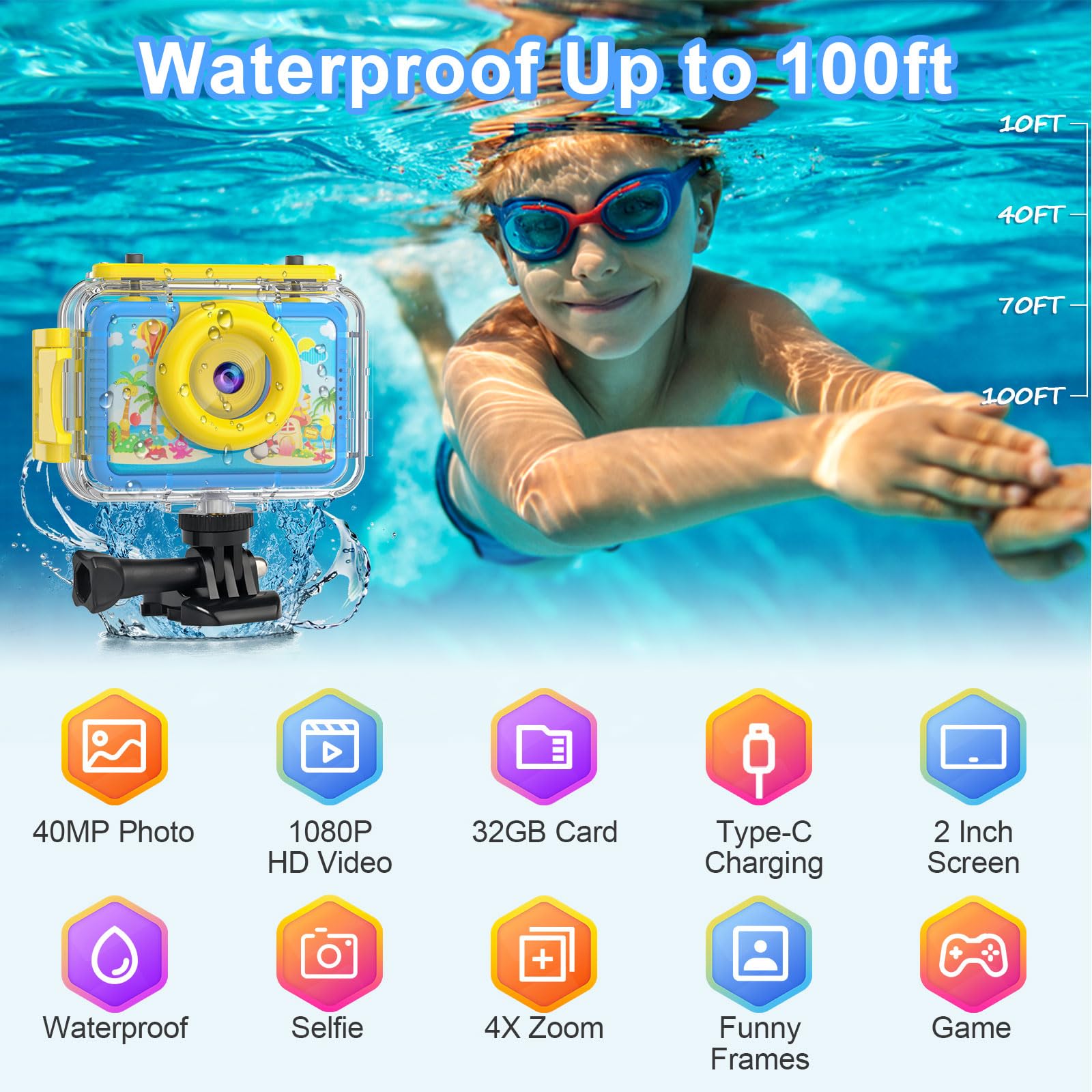 PROGRACE Kids Waterproof Camera - 2024 Upgrade Digital Underwater Camera for Kids Snorkeling Childrens Diving Cameras for Boys Christmas Birthday Gifts Action Cameras Pool Toys for Age 4 5 6 7 8 9 10