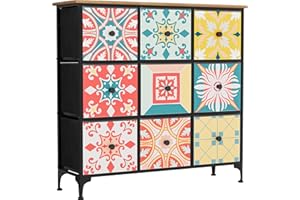 YILQQPER Dresser for Bedroom 9 Drawer Dressers & Chests of Drawers Tall Dresser for TV Stand, Organizer Fabric Storage, Closet and Nursery Kids and Adult, Fabric Bins, Wood Top, Boho Colorful Painted
