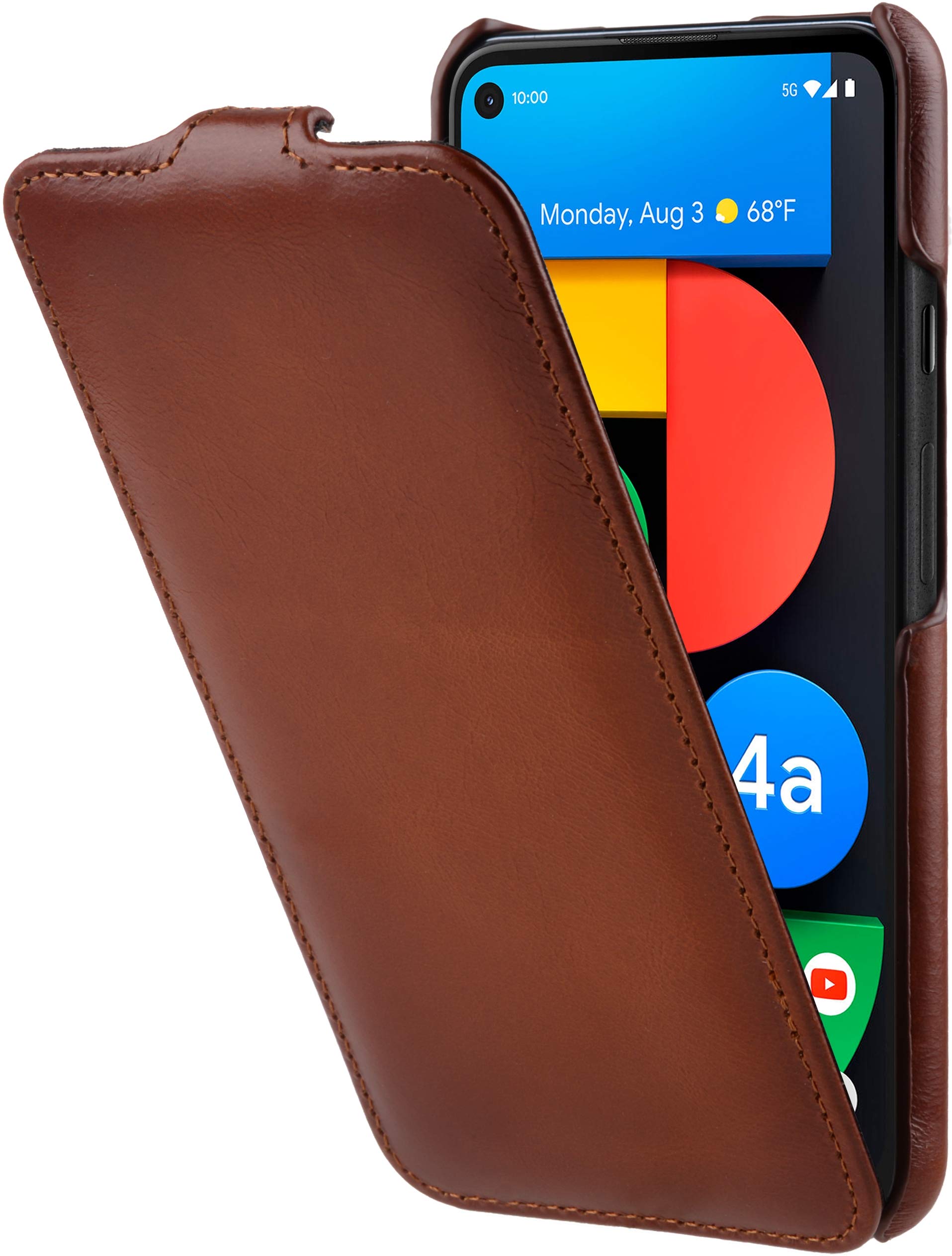 StilGut Slim Vertical Flip Case for Google Pixel 4a 5G, Genuine Leather Pixel 4a 5G case, Cognac Antique — image 1