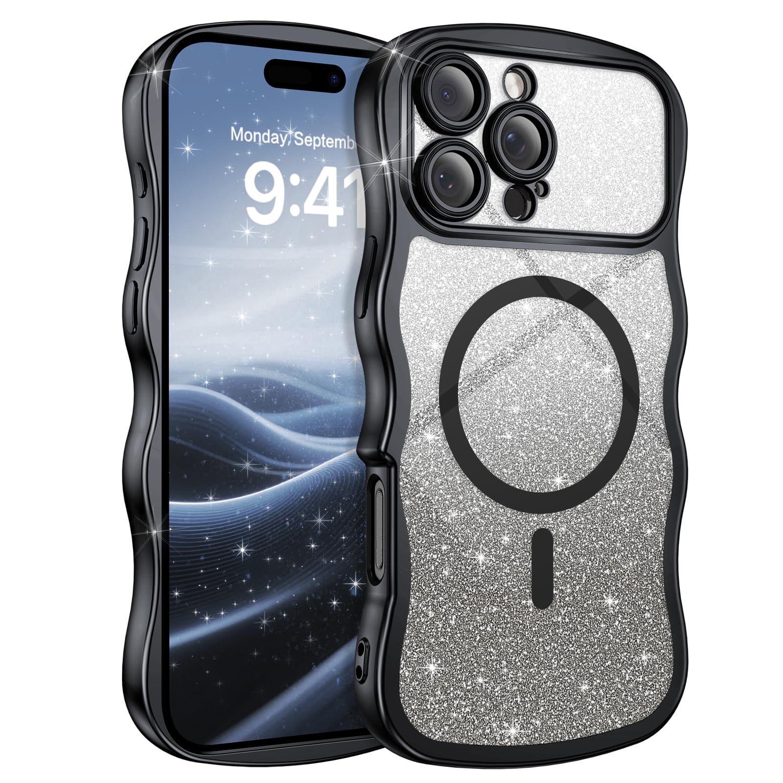 BENTOBEN for iPhone 16 Pro Max Case Clear, [Compatible with MagSafe][Full Camera Protection][Cute Wave Frame][DIY Glitter Cardstock] Electroplated Wavy Shockproof 16ProMax Phone Case 6.9", Black