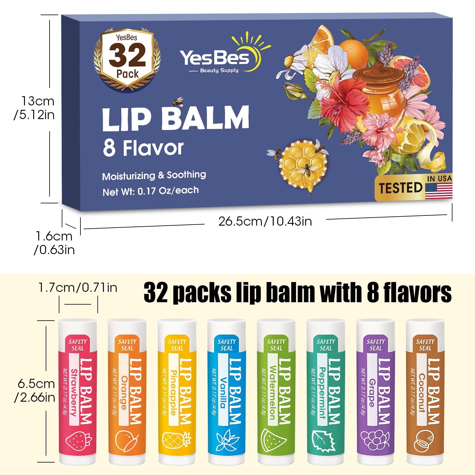 YesBes 32 Pack Lip Balm, Natural Lip Balm Bulk with Vitamin E and Coconut Oil, Moisturizing Lip Balms for Dry Cracked Lips, Lip Balms for Stocking Stuffers - 8 Flavors