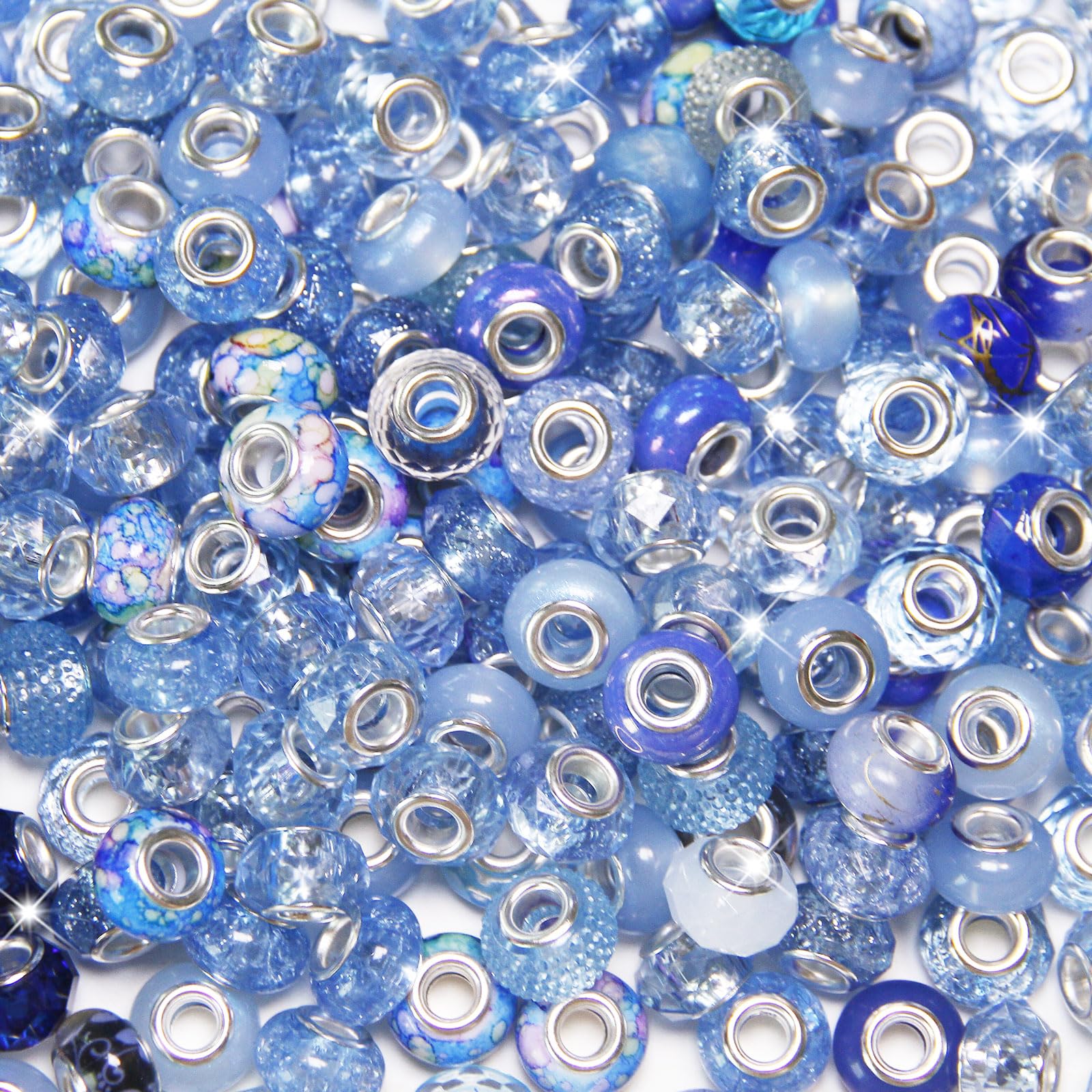 Photo 1 of 100 Pieces Large Hole Beads, Assorted European Craft Beads Blue Big Hole Fairy Wands Garden Bead Large Hole Lampwork Spacer Bead for DIY Pens Charms Bracelet Necklace Jewelry Making Supplies