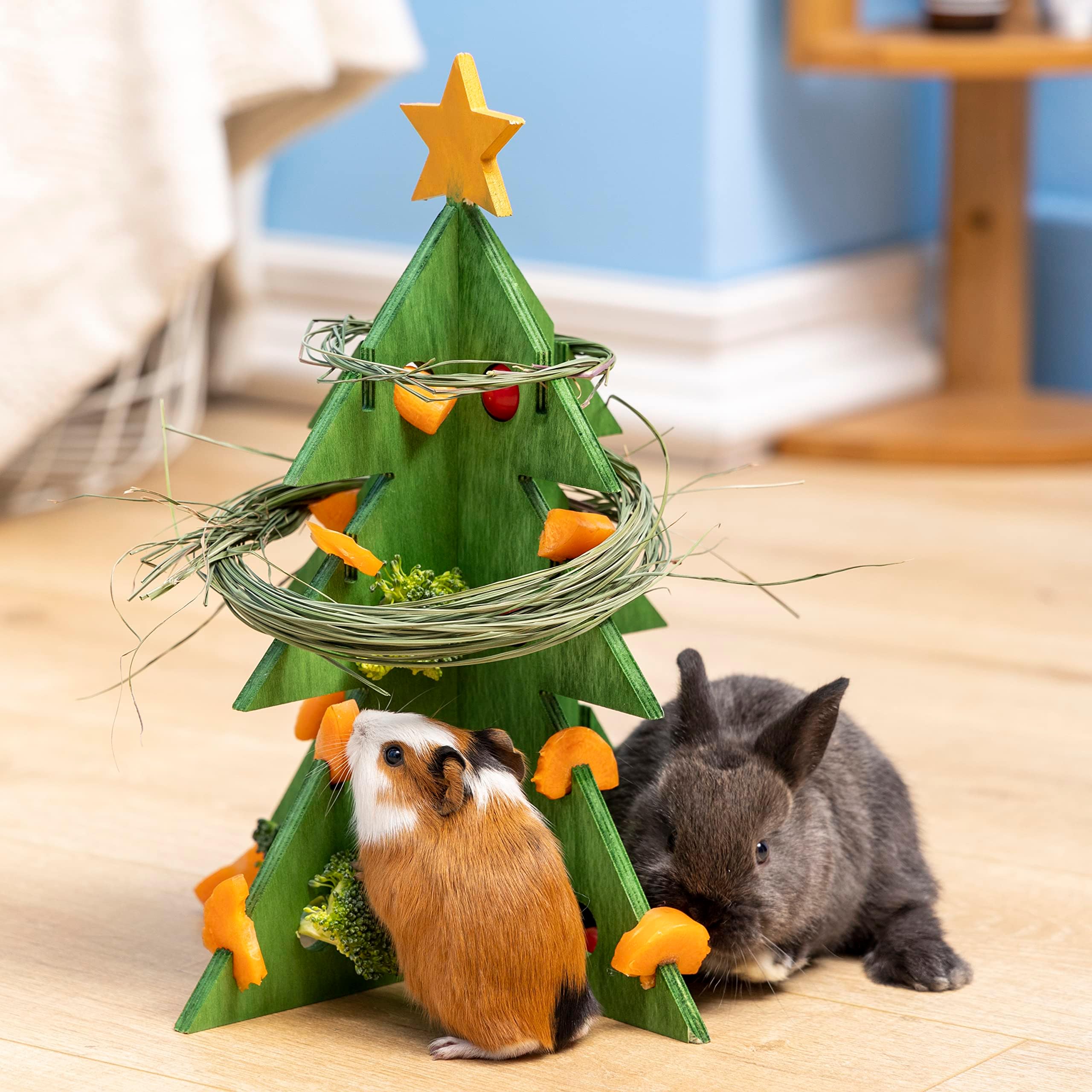 Sunwuun 12FT wooden Christmas Tree decorations Rabbit Toys, Rabbit Hamster Guinea Pig Treat Feeder, Christmas Treat For Small Animals, Christmas Tree Foraging Puzzle Toy, Toy Xmas Gift Guinea Pig Toys