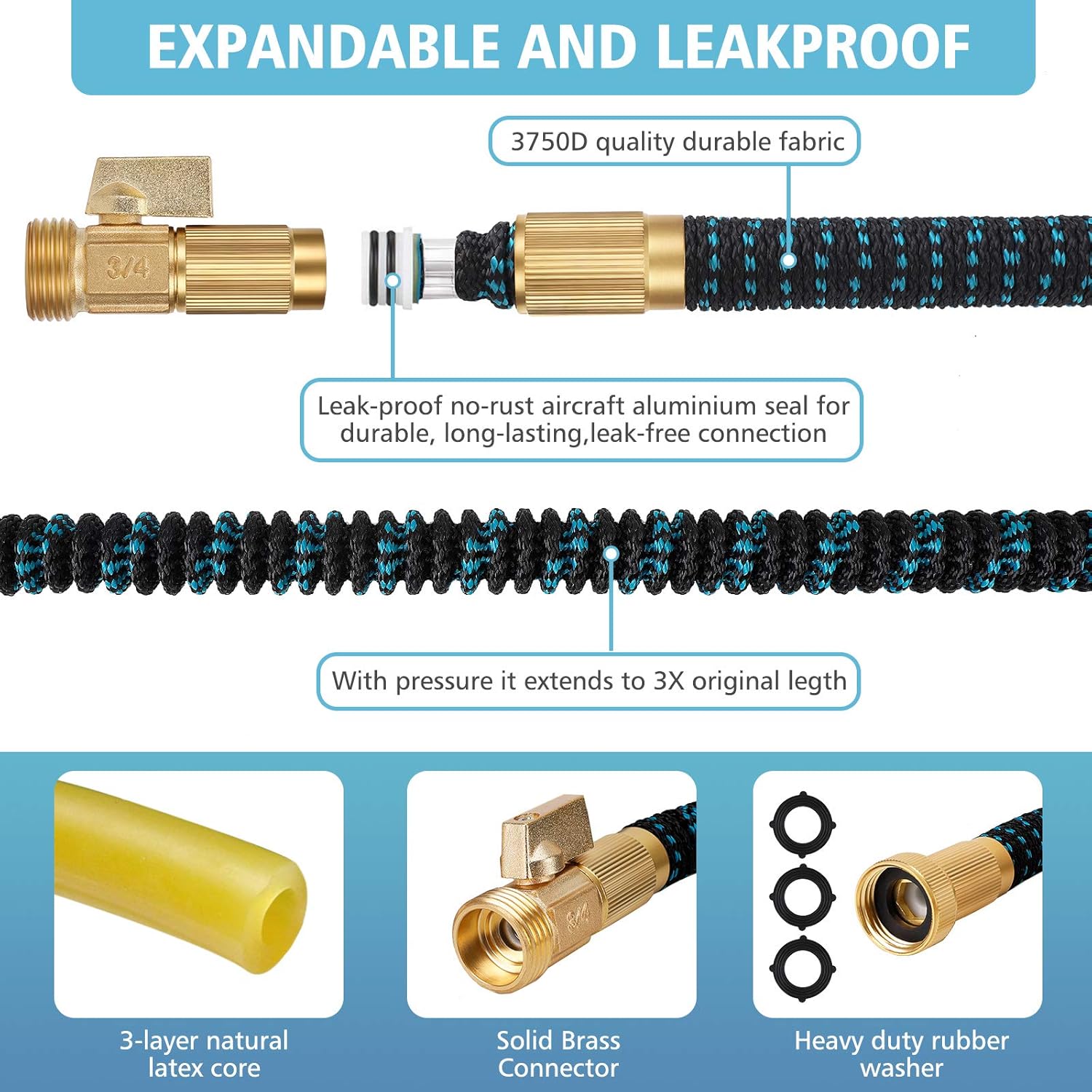 Gpeng 50ft Expandable Garden Hose, Water Collapsible Hose with 9 Function Spray Nozzle, Durable 3-Layers Latex Core with 3/4" Solid Brass Fittings, Lightweight Expanding Flexible Hose : Garden & Outdoor